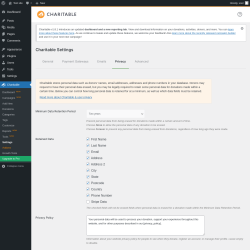 Page screenshot: Charitable → Settings → Privacy