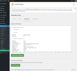 Page screenshot: Charitable → Tools  NEW! → System Info