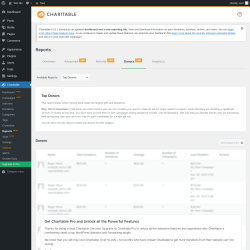 Page screenshot: Charitable → Reports  NEW! → Donors