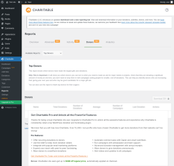 Page screenshot: Charitable → Reports → Donors