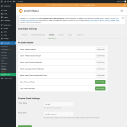 Page screenshot: Charitable → Settings → Emails