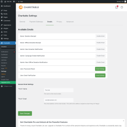 Page screenshot: Charitable → Settings → Emails