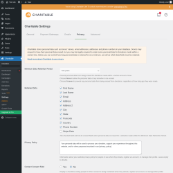 Page screenshot: Charitable → Settings → Privacy