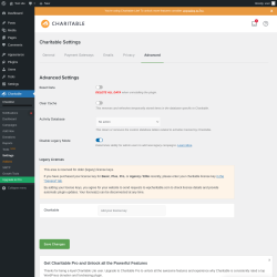 Page screenshot: Charitable → Settings → Advanced