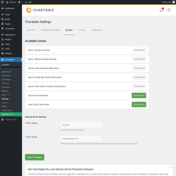 Page screenshot: Charitable → Settings → Emails