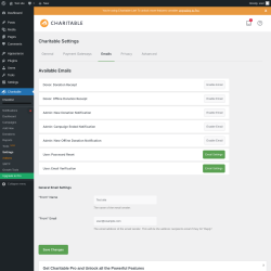 Page screenshot: Charitable → Settings → Emails