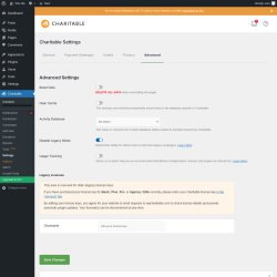 Page screenshot: Charitable → Settings → Advanced