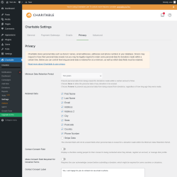 Page screenshot: Charitable → Settings → Privacy