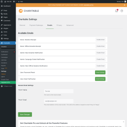 Page screenshot: Charitable → Settings → Emails