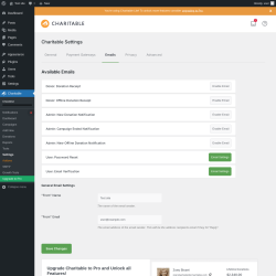 Page screenshot: Charitable → Settings → Emails