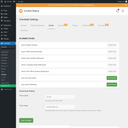 Page screenshot: Charitable → Settings → Emails