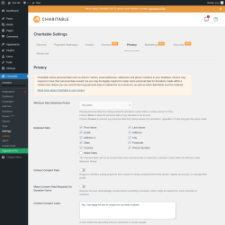 Page screenshot: Charitable → Settings → Privacy