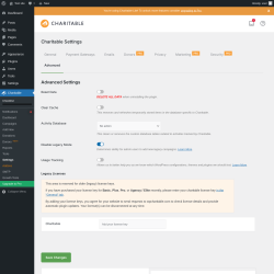 Page screenshot: Charitable → Settings → Advanced