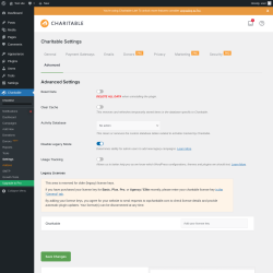 Page screenshot: Charitable → Settings → Advanced