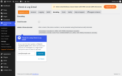 Page screenshot: Check & Log Email &rarr; Settings &rarr; Encoding