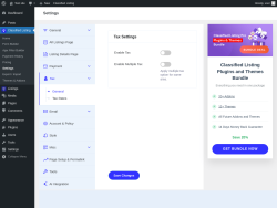 Page screenshot: Classified Listing → Settings → Tax