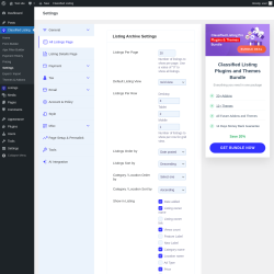 Page screenshot: Classified Listing → Settings → All Listings Page