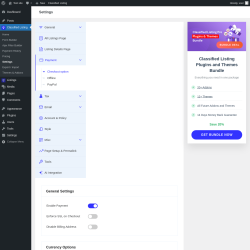 Page screenshot: Classified Listing → Settings → Payment