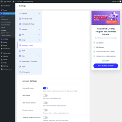 Page screenshot: Classified Listing → Settings → Account & Policy