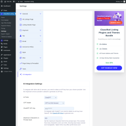 Page screenshot: Classified Listing → Settings → AI Integration