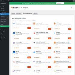 Page screenshot: SeedProd → Settings → 
					Recommended Plugins				