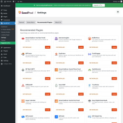 Page screenshot: SeedProd &rarr; Settings &rarr; 
					Recommended Plugins				