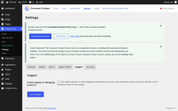 Page screenshot: Contact form &rarr; Settings &rarr; Support