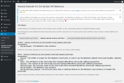Page screenshot: Tools → Module Extender API Reference → Module-Specific Actions and Filters
