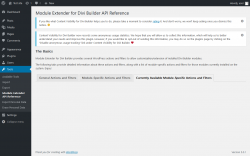 Page screenshot: Tools → Module Extender API Reference → Currently Available Module-Specific Actions and Filters
