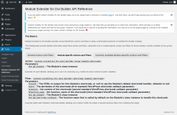 Page screenshot: Tools → Module Extender API Reference → Module-Specific Actions and Filters