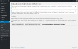 Page screenshot: Tools → Module Extender API Reference → Currently Available Module-Specific Actions and Filters