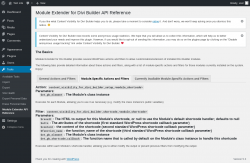Page screenshot: Tools → Module Extender API Reference → Module-Specific Actions and Filters