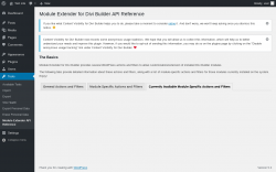 Page screenshot: Tools → Module Extender API Reference → Currently Available Module-Specific Actions and Filters