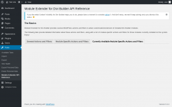Page screenshot: Tools → Module Extender API Reference → Currently Available Module-Specific Actions and Filters