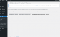 Page screenshot: Tools → Module Extender API Reference → Currently Available Module-Specific Actions and Filters