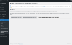 Page screenshot: Tools → Module Extender API Reference → Currently Available Module-Specific Actions and Filters