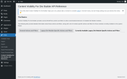 Page screenshot: Tools → Content Visibility For Divi Builder API Reference → Currently Available Legacy Divi Module-Specific Actions and Filters