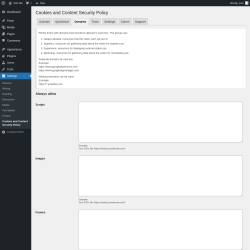 Page screenshot: Settings → Cookies and Content Security Policy → Domains