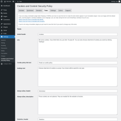 Page screenshot: Settings → Cookies and Content Security Policy → Texts