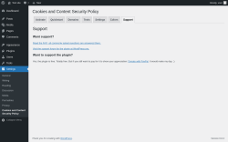 Page screenshot: Settings → Cookies and Content Security Policy → Support