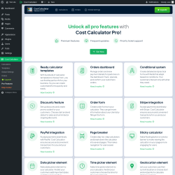 Page screenshot: Cost Calculator → Pro Features