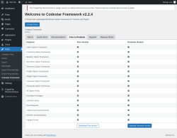 Page screenshot: Tools → Codestar Framework → Free vs Premium
