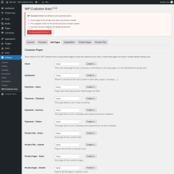 Page screenshot: Settings → WP Customer Area → Site Pages
