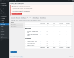 Page screenshot: Settings → WP Customer Area → Capabilities