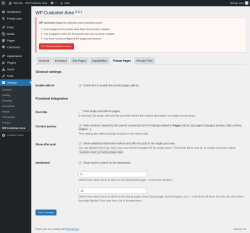 Page screenshot: Settings → WP Customer Area → Private Pages