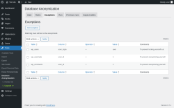 Page screenshot: Tools → Database Anonymization → 
            Exceptions