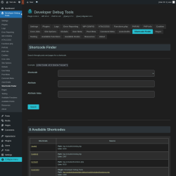 Page screenshot: Developer Debug Tools &rarr; Shortcode Finder