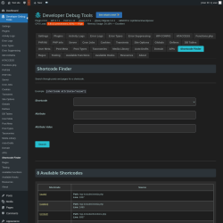 Page screenshot: Developer Debug Tools &rarr; Shortcode Finder