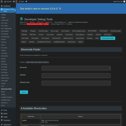 Page screenshot: Developer Debug Tools &rarr; Shortcode Finder