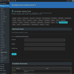 Page screenshot: Developer Debug Tools &rarr; Shortcode Finder